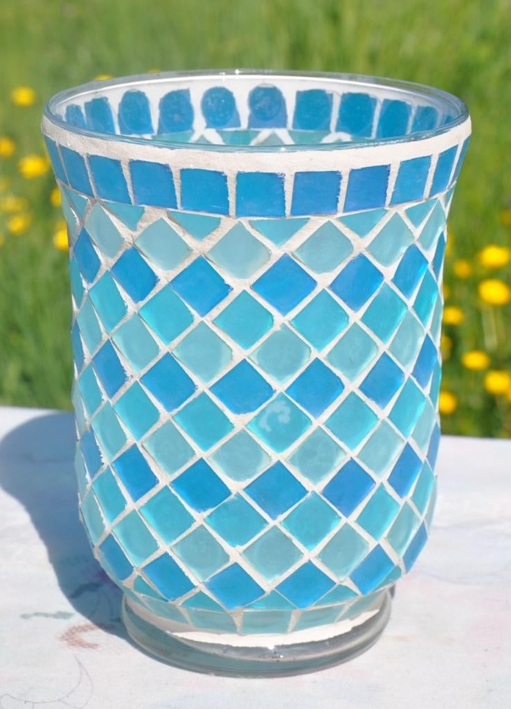 vase photophore verre facette bleu, Maison & Meubles, Enlèvement ou Envoi, Utilisé, Bleu, Verre