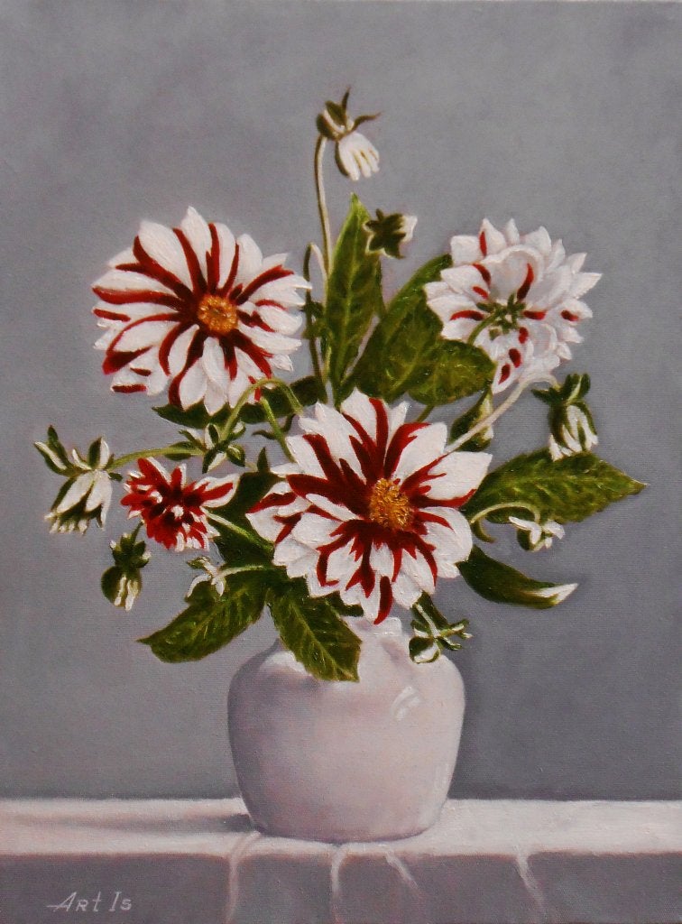 Peinture « Vase de dahlias », Antiquités & Art, Art | Peinture | Moderne, Textile, Peinture à l'huile, Fleurs, Sur cadre en bois