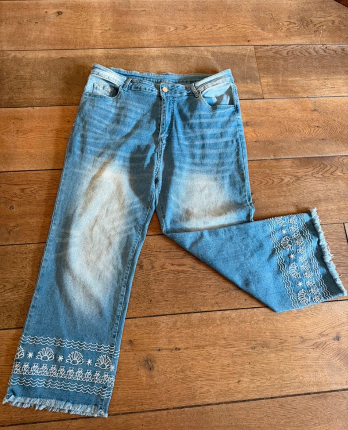 Leuke spijkerbroek, XL, met detail aan de pijp, Ophalen of Verzenden, Zo goed als nieuw, Blauw