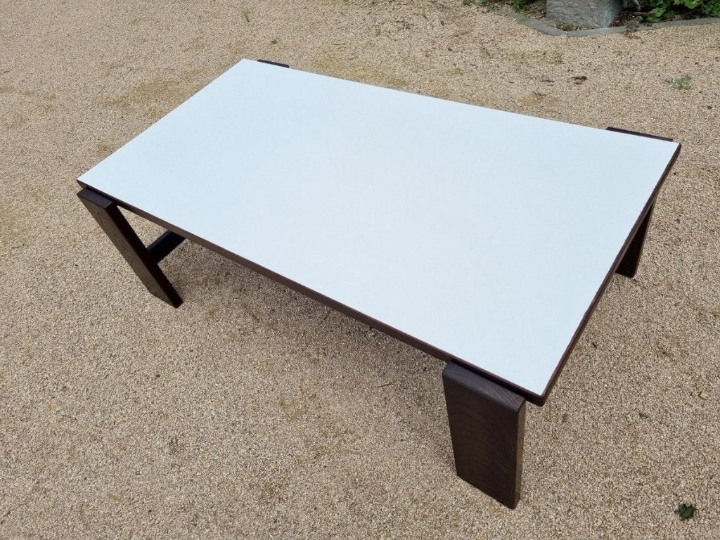 Vintage salontafel met omkeerbaar blad, wengé en wit formica, Ophalen, Gebruikt, Vintage, Overige houtsoorten