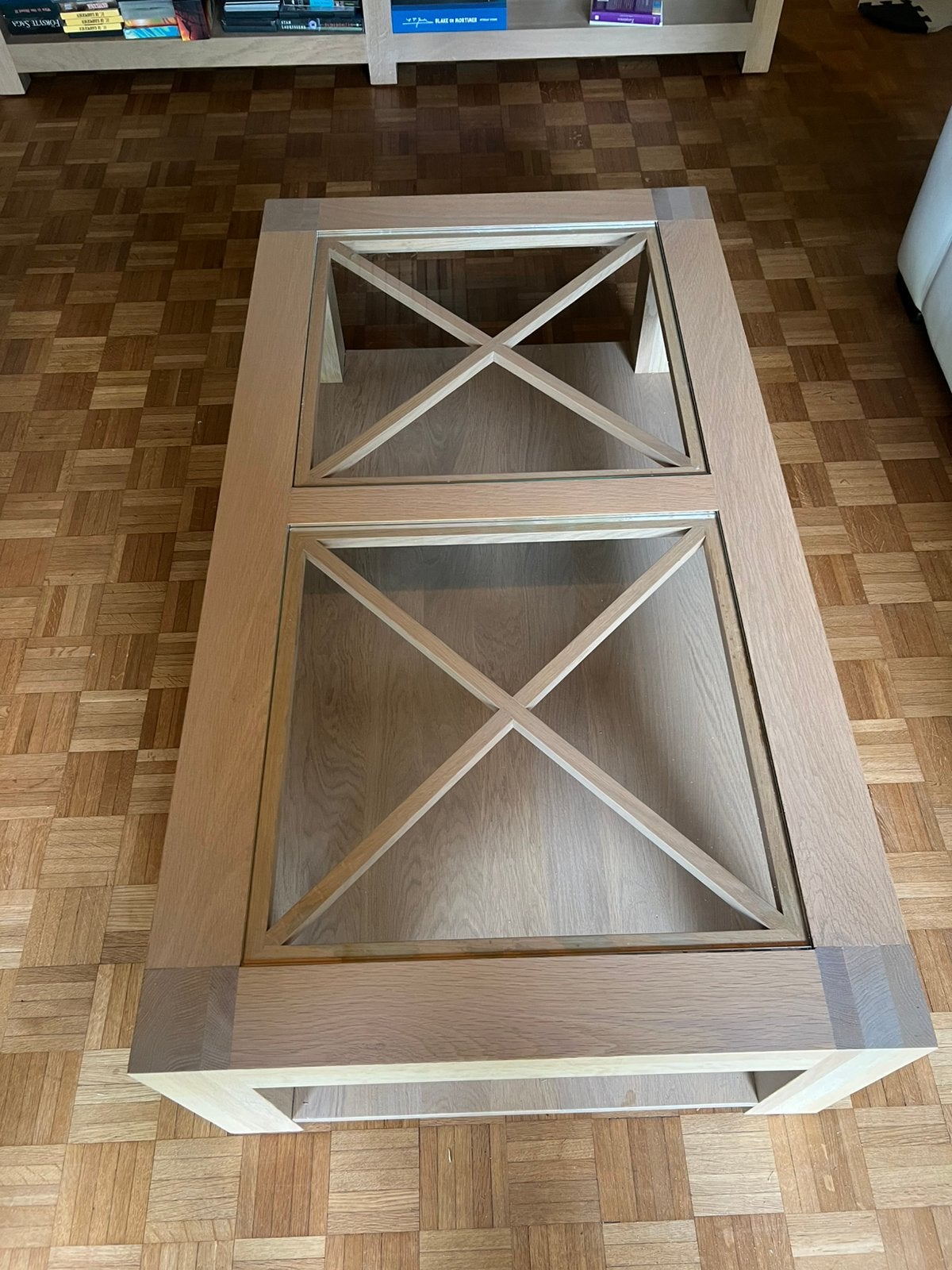 Licht eiken salontafel met glas (massief), Ophalen, Zo goed als nieuw, Glas