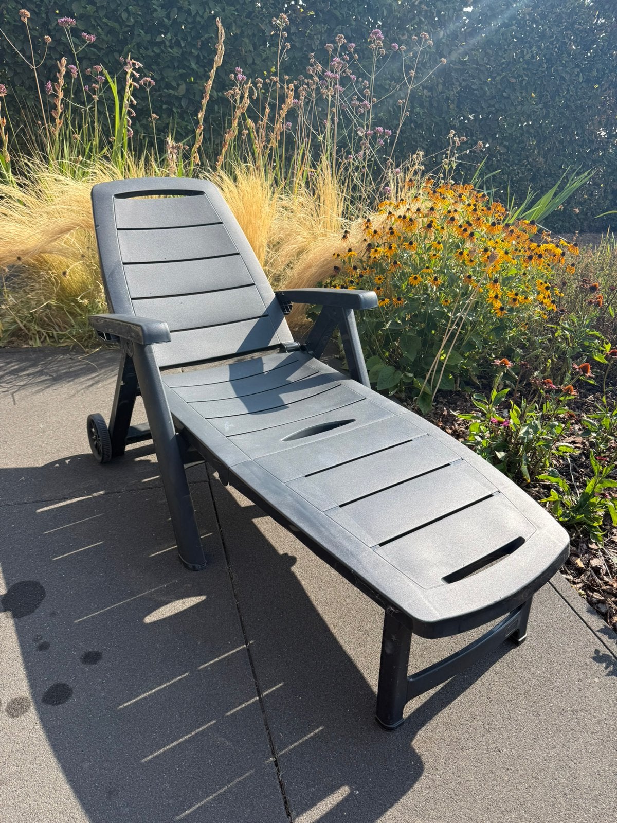 Ligbed inklapbaar - kunststof - antraciet, Jardin & Terrasse, Chaises longues, Enlèvement, Utilisé, Synthétique, Pliant
