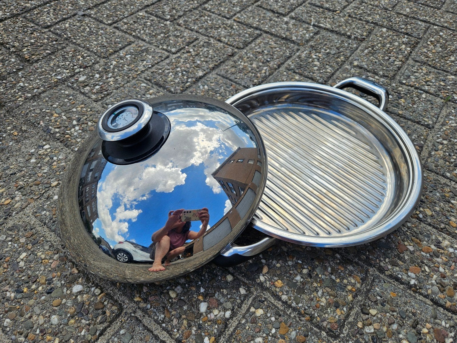 Luxe RVS grillpan met thermometer deksel, Huis en Inrichting, Keuken | Potten en Pannen, Braadpan, Ophalen