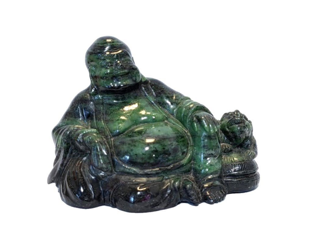 Boeddha met hond in donker groen Nephrite mineraal., Ophalen of Verzenden