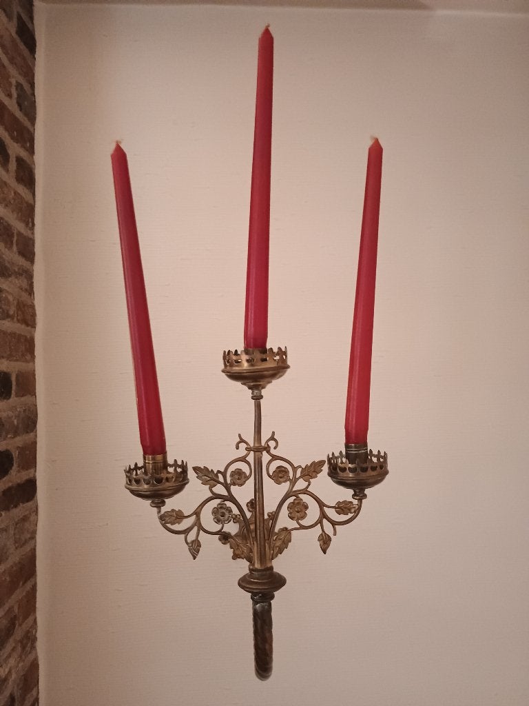 2 stuks vintage koperen wandkandelaar met drie armen, Ophalen, Koper of Brons