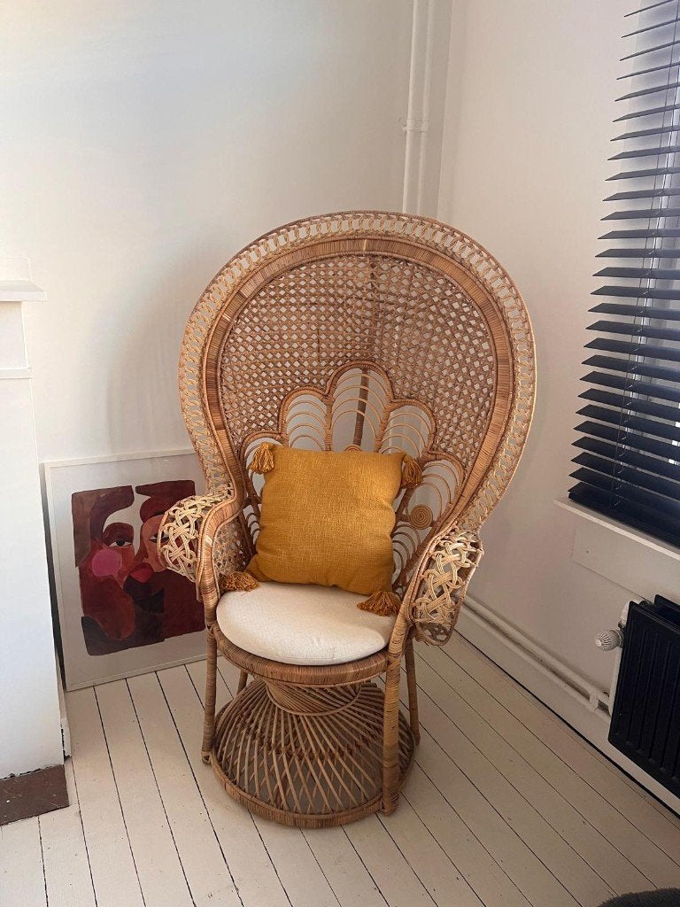 Vintage Emmanuelle rotan fauteuil boho stijl, 75 à 100 cm, Osier ou Rotin, Vintage boho, Comme neuf