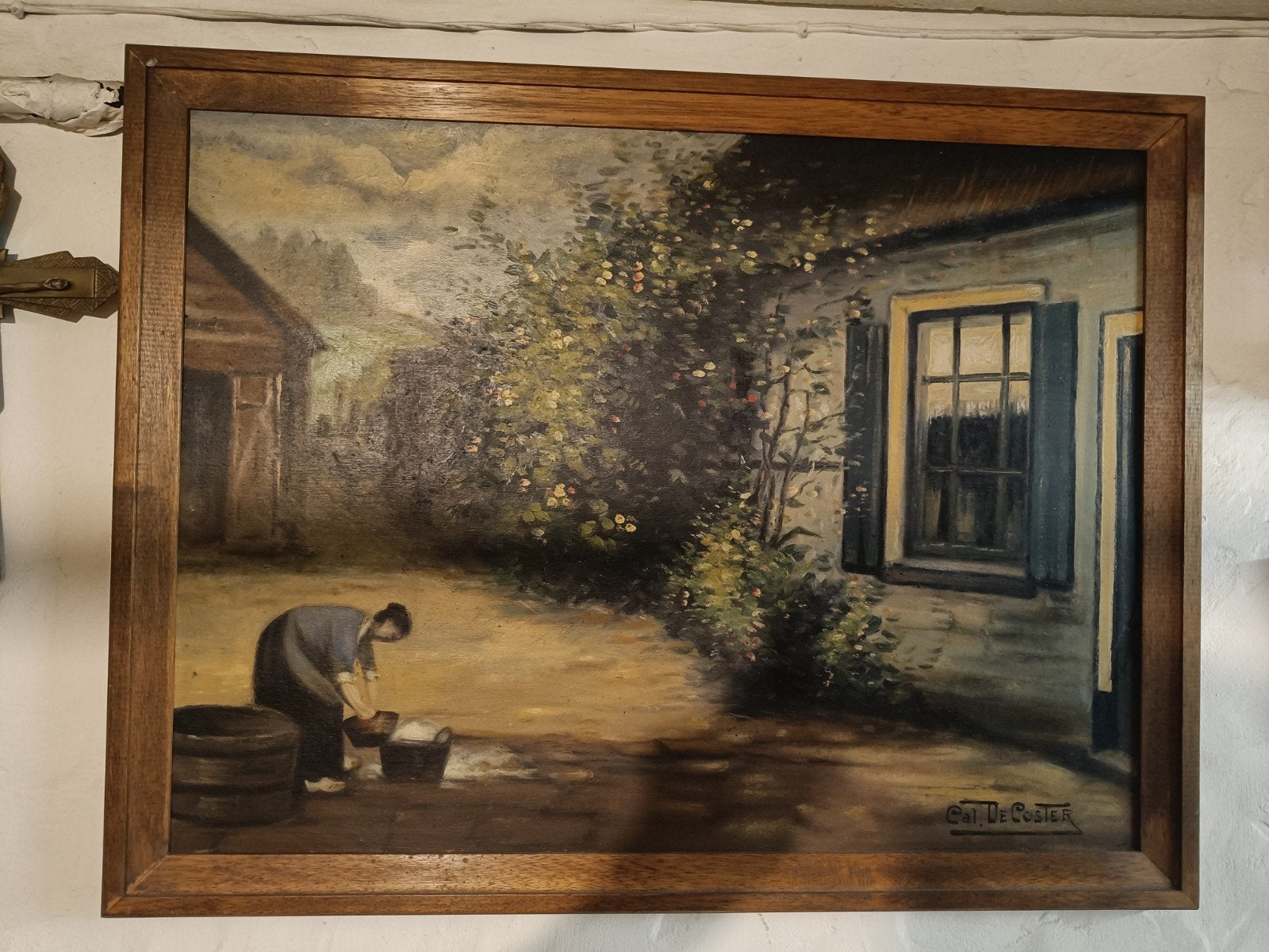 schilderij van cal De Coster werkende vrouw buiten, Antiek en Kunst, Ophalen