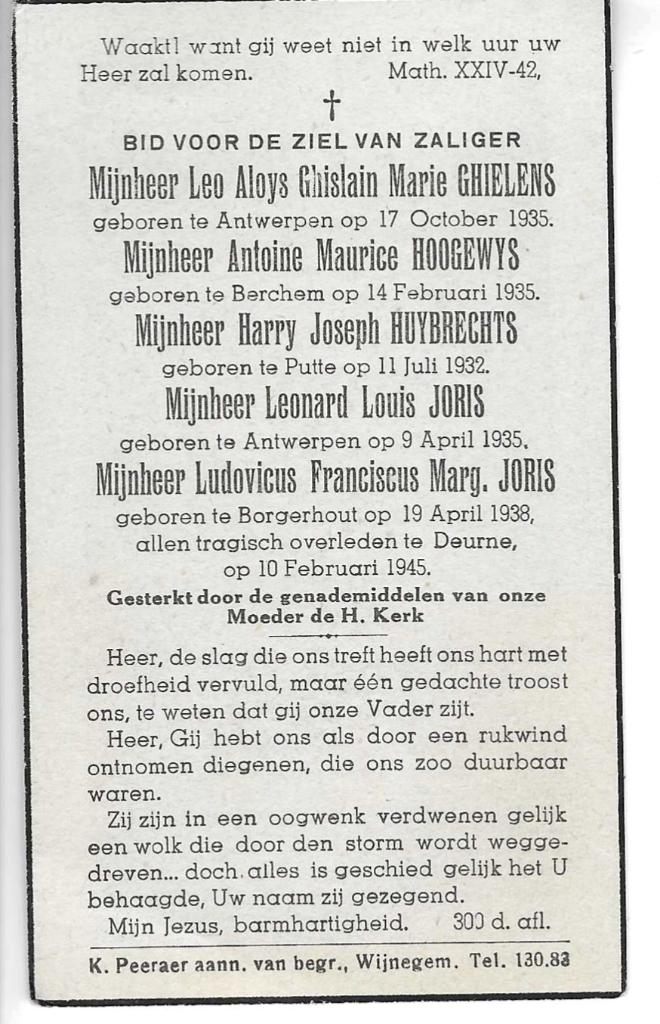 RP 5 Oorlogslachtoffers Deurne 10/02/1945, Ophalen of Verzenden