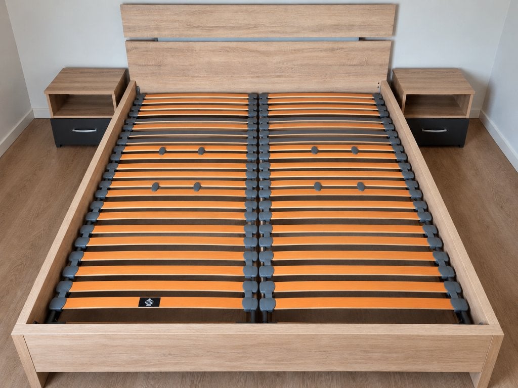 Bed + lattenbodems Nox, Huis en Inrichting, Ophalen, Bruin, Tweepersoons, Zo goed als nieuw