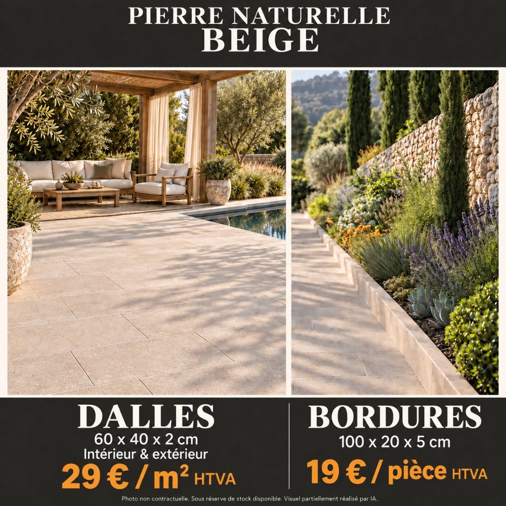 Dalles et bordures en pierre naturelle beige PROMO, Enlèvement, Neuf, Pierres naturelles