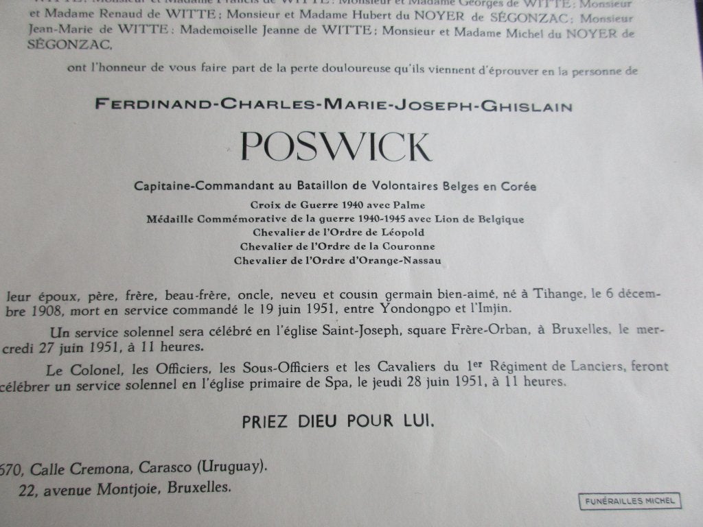 doodsbrief ferdinand POSWICK   (+KOREA), Verzamelen, Ophalen of Verzenden