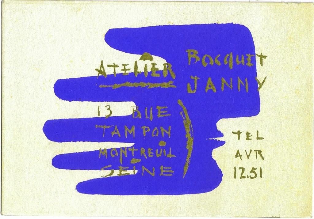 Atelier Bocquet Janny franse adreskaart in pouchoir-techniek, Verzamelen, Geboortekaartjes en Visitekaartjes, Ophalen, Voor 1970