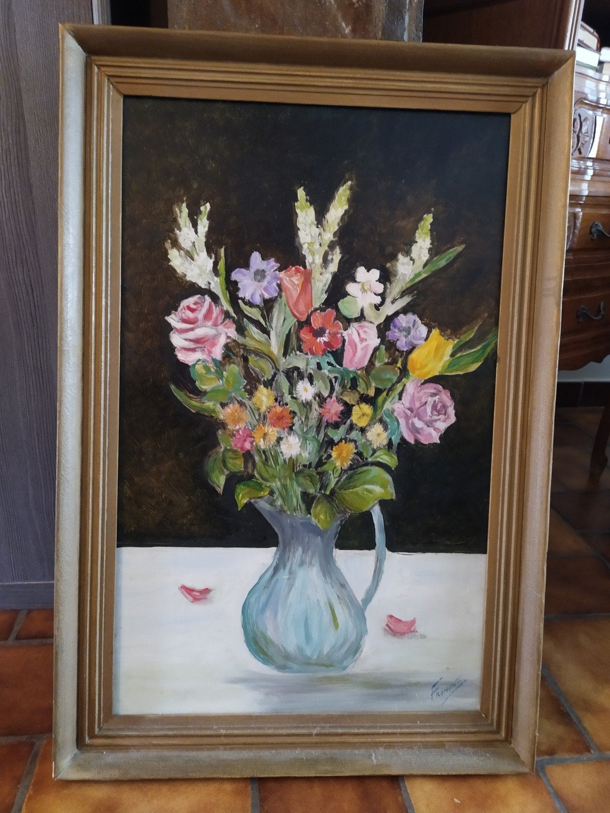 Encadrement en bois doré et peinture bouquet, Antiquités & Art, Peint à la main, Enlèvement, Fleurs, Toile