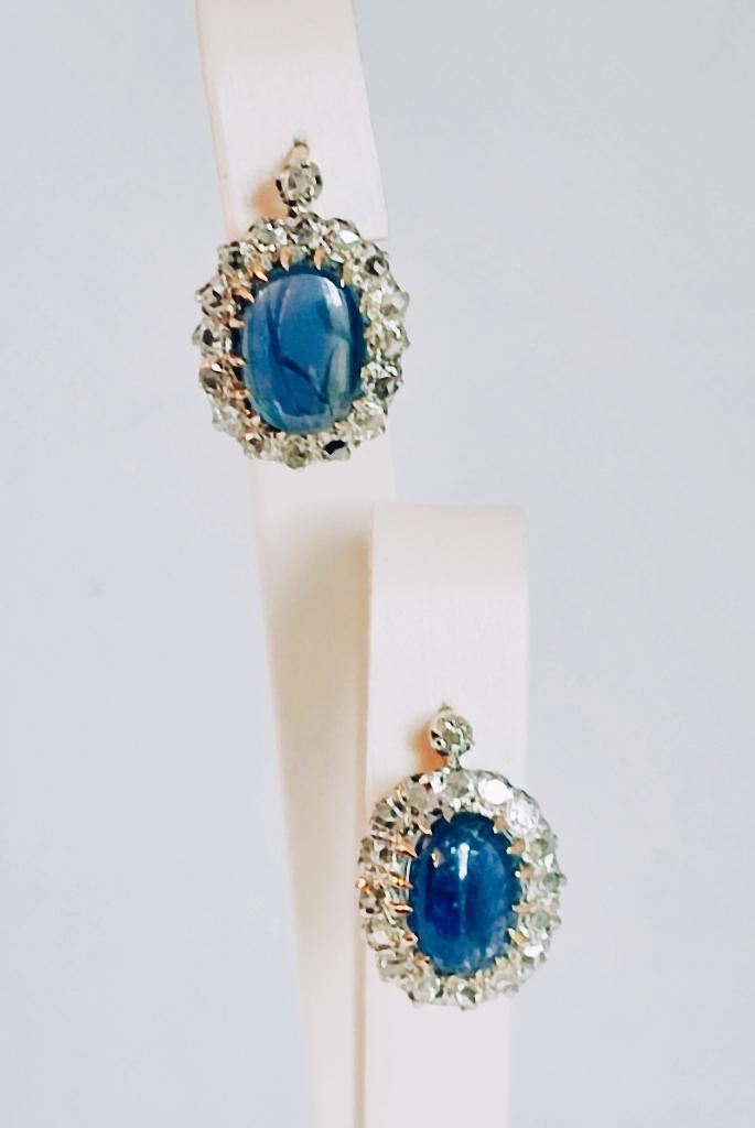 Antieke oorbellen met saffieren uit Myanmar,diamanten, Hangers, Blauw, Ophalen of Verzenden, Zo goed als nieuw