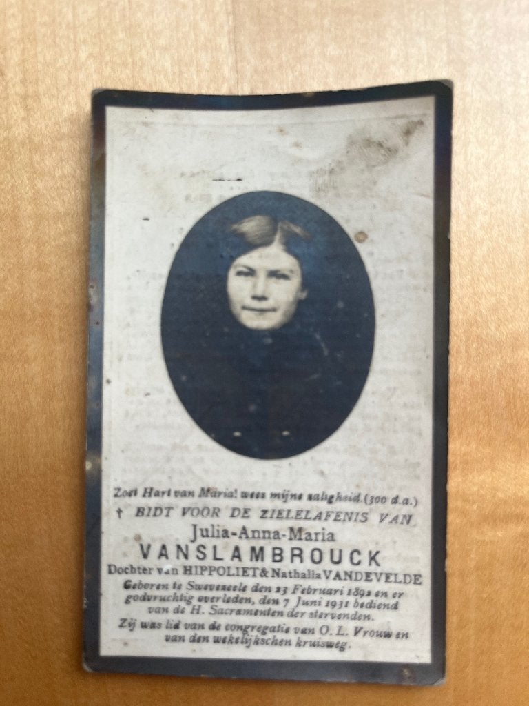 Rouwkaart J.Vanslambrouck  Swevezeele 1892 +1931, Enlèvement ou Envoi, Carte de condoléances