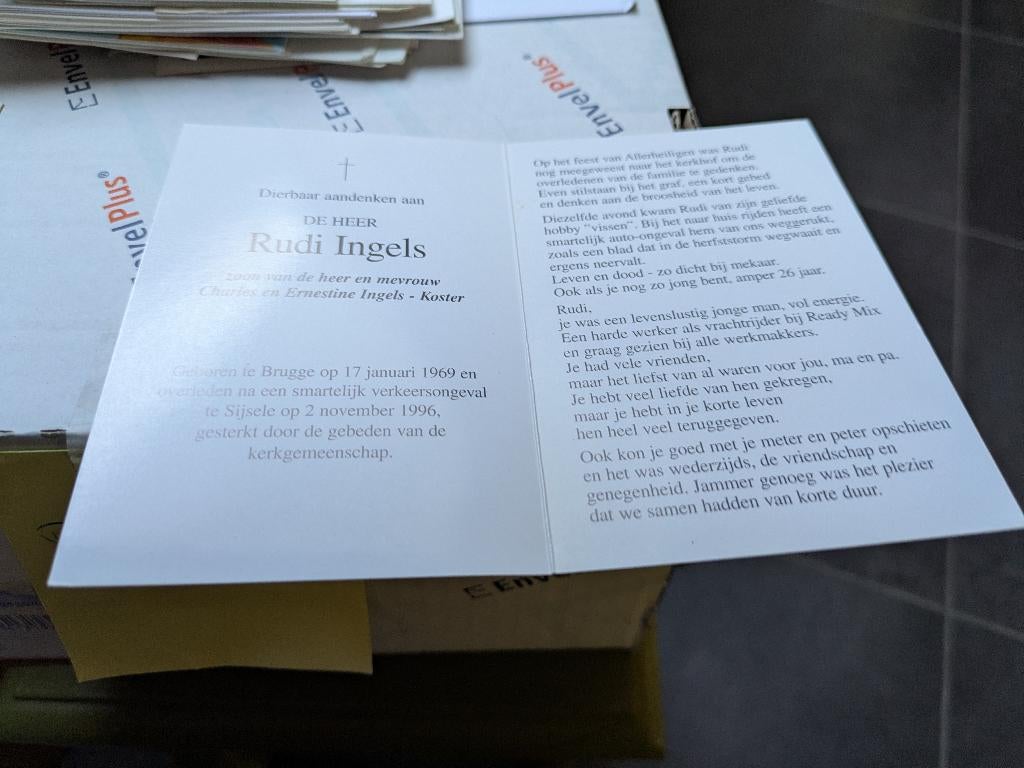 Dp Rudi Ingels, Verzamelen, Bidprentjes en Rouwkaarten, Ophalen of Verzenden, Bidprentje
