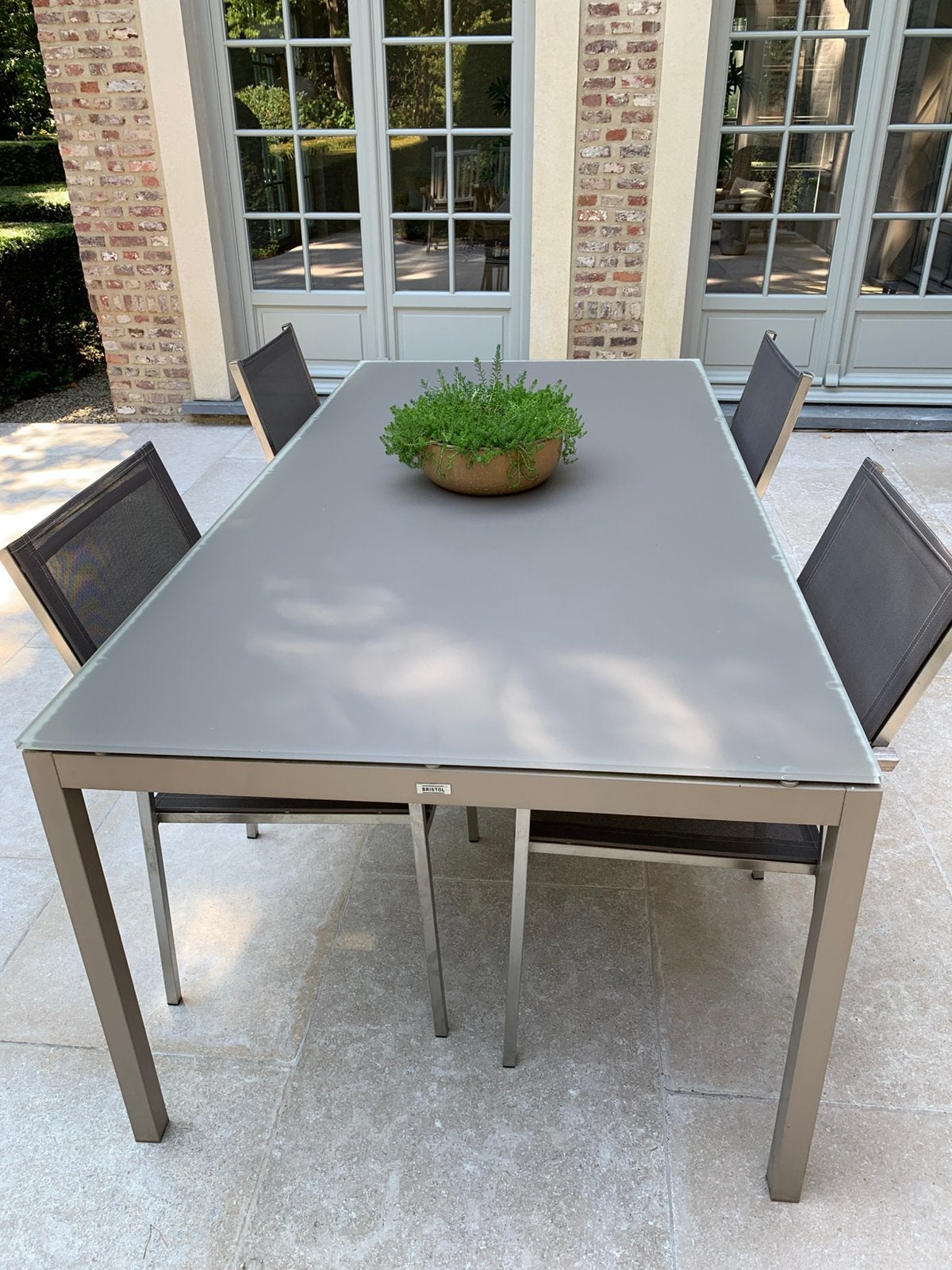 Tuintafel in aluminium met glazen blad + 4 stoelen, Ophalen, Zo goed als nieuw, Aluminium