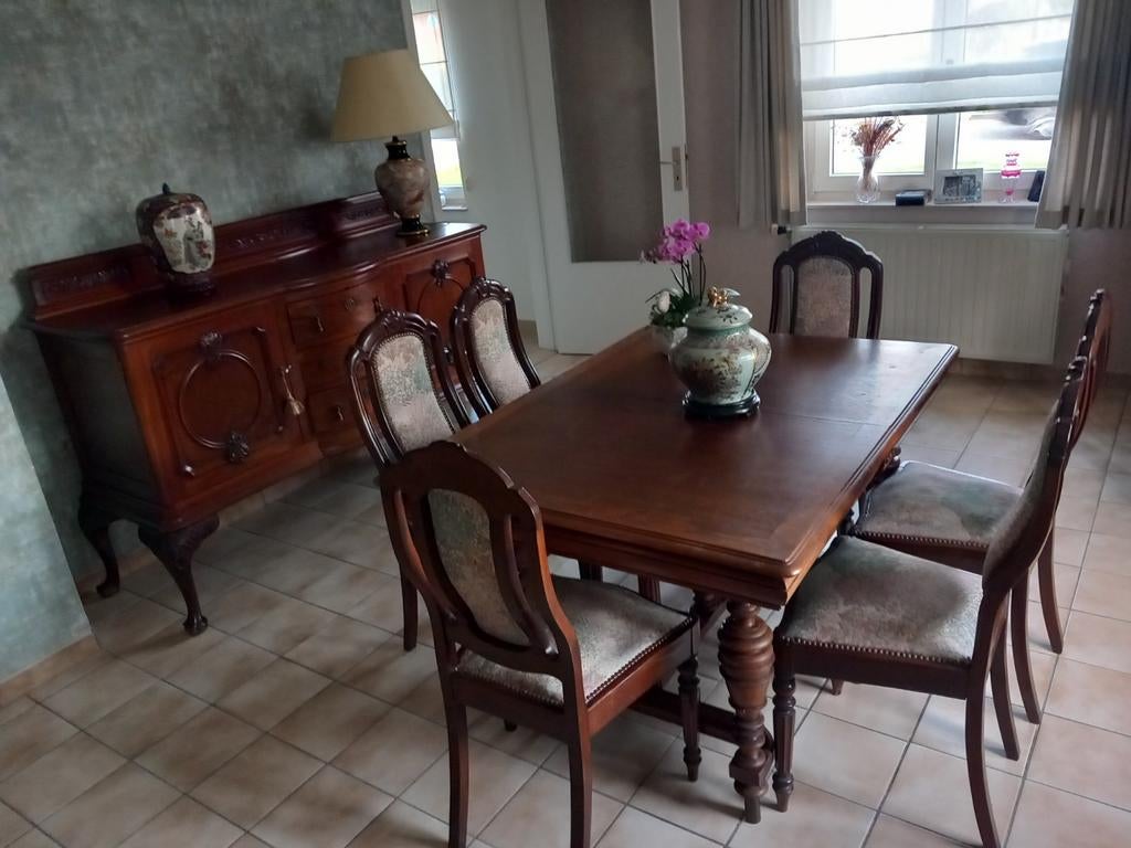 Prachtige antieke eetplaats, dressoir, tafel en 6 stoelen, Enlèvement