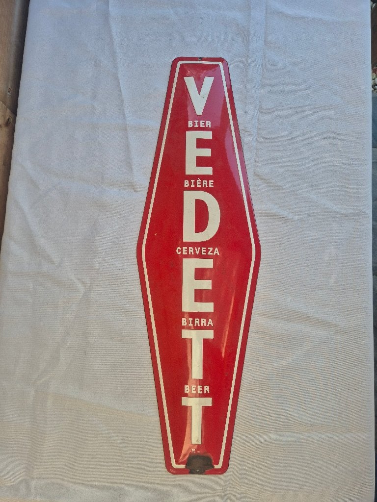 Vedett emaille rood reclamebord, Verzamelen, Ophalen, Gebruikt, Reclamebord, Plaat of Schild, Overige merken