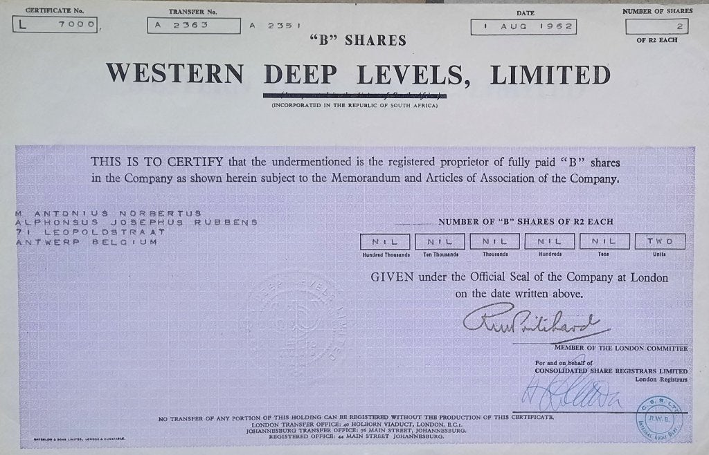 Western deep levels ltd  -1962 -, Timbres & Monnaies, Enlèvement ou Envoi, 1950 à 1970, Certificat d'action