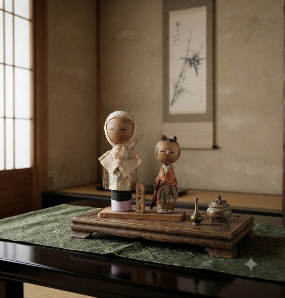 Paire vintage Benkei et Ushiwakamaru Kokeshi, Antiquités & Art, Art | Art non-occidental, Japon, Bois, Poupée, Multicolore