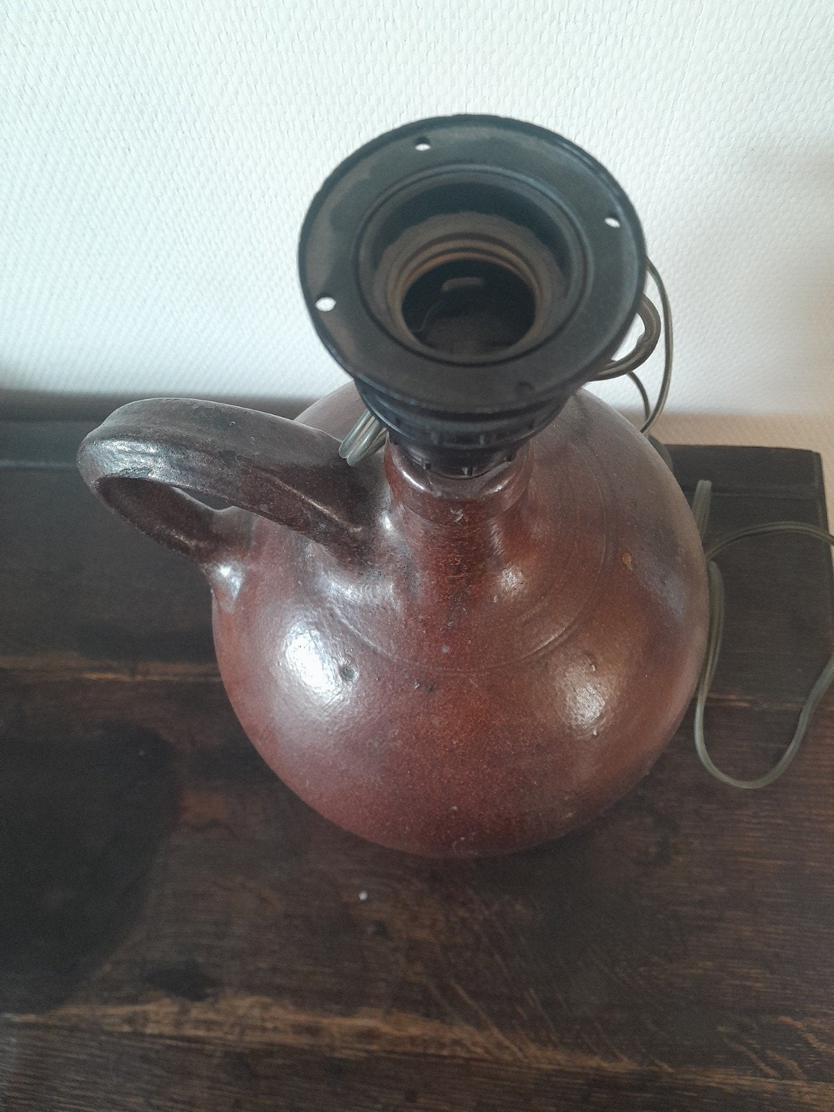 Ancienne cruche transformée en lampe grès foncehauteur 38cm, Enlèvement