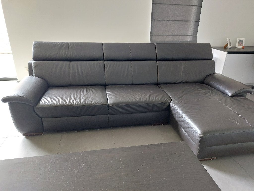 Donkerbruin lederen salon met longchair, Ophalen, Gebruikt, Leer, Landelijk