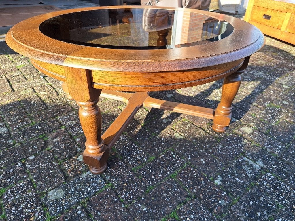 Ronde eiken salontafel met rookglas / salon tafel, 50 – 75, Glas, Gebruikt, 50 tot 100 cm