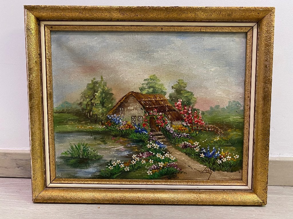 Huile sur toile signée Lannoy – Paysage avec cadre doré, Peinture acrylique, Paysage, Toile, Vintage
