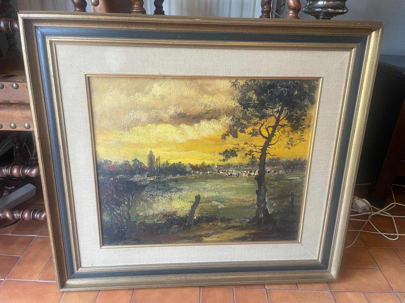 Groot ingelijst olieverfschilderij, Antiquités & Art, Art | Peinture | Classique, Enlèvement, Classique, Encadré, Paysage