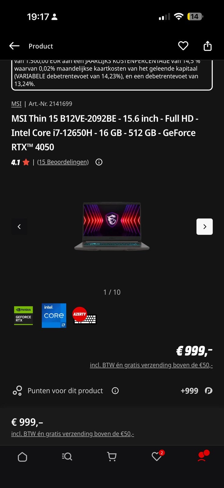 MSI Intel Core i7-12650H 16 GB 512 GB GeForce RTX 4050, Computers en Software, Windows Laptops, Ophalen, Met videokaart, 15 inch