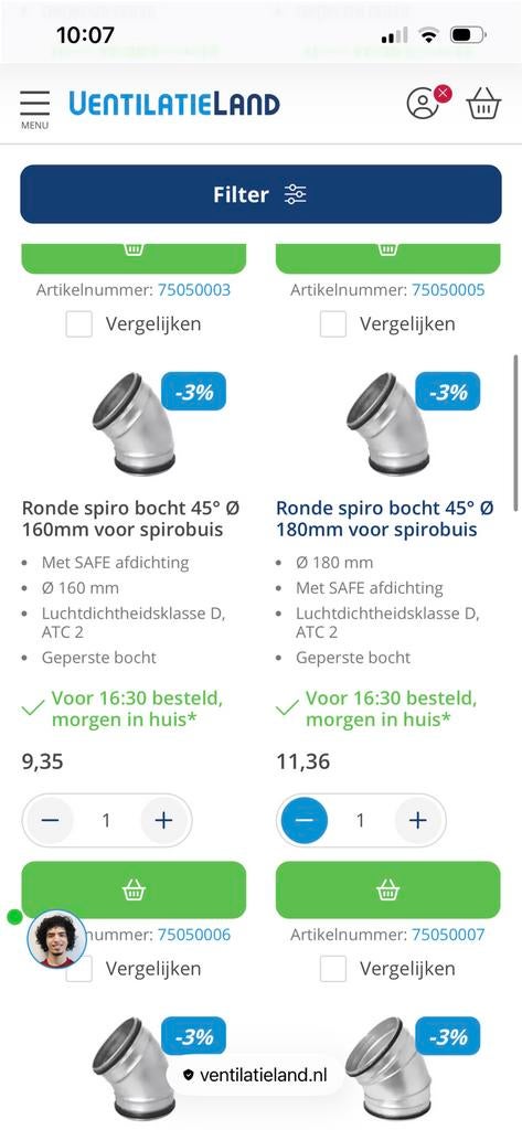Ventilatie bochten 45 graden dia 100 125 160, Ophalen, Zo goed als nieuw