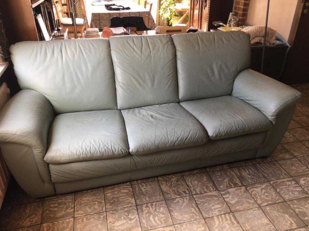 Groen/grijze leren fauteuil, Ophalen, Gebruikt, Overige maten, Leer