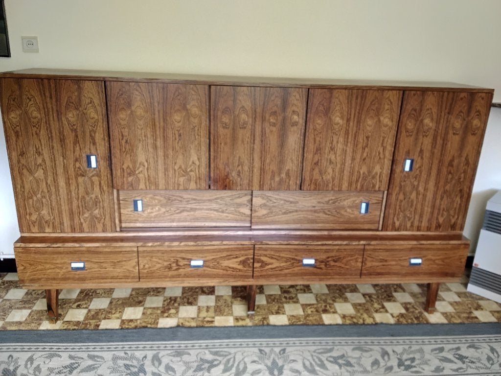 Hoog dressoir uit de jaren zestig in palissanderhout., Mid-Century Modern highboard, 25 à 50 cm, 200 cm ou plus, Avec tablette(s)