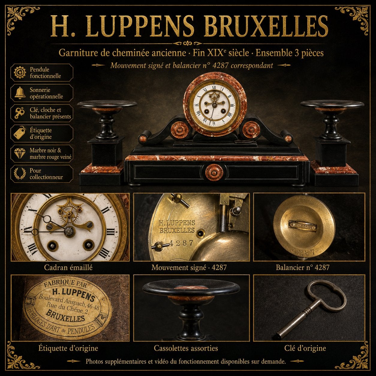 Pendule garniture H. Luppens signée n°4287, Antiquités & Art, Antiquités | Horloges, Enlèvement ou Envoi