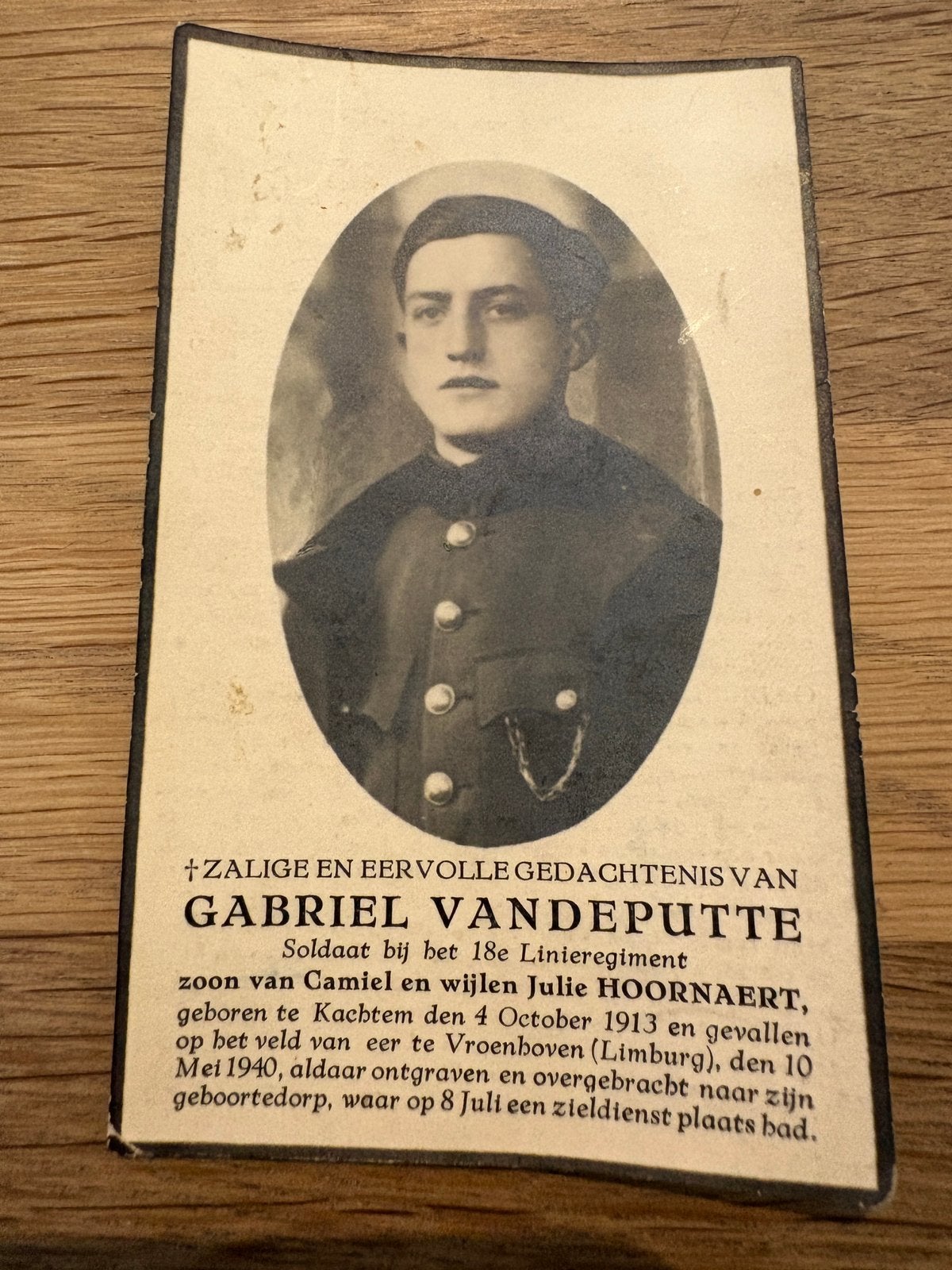 Gesneuvelde 40-45, Vandeputte, Vroenhoven 10 mei, 18e Linie, Enlèvement ou Envoi, Image pieuse