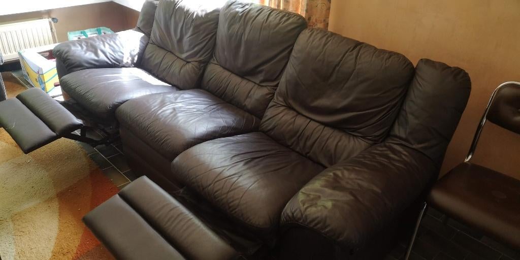 Set van 3 zwarte leren zetels (met relaxfunctie), Huis en Inrichting, Zetels | Zetels, Zo goed als nieuw, Leer, Ophalen