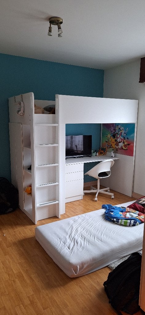 Lit mezzanine 90x200 avec bureau et armoire intégrée, Enlèvement, Comme neuf, Lit mezzanine