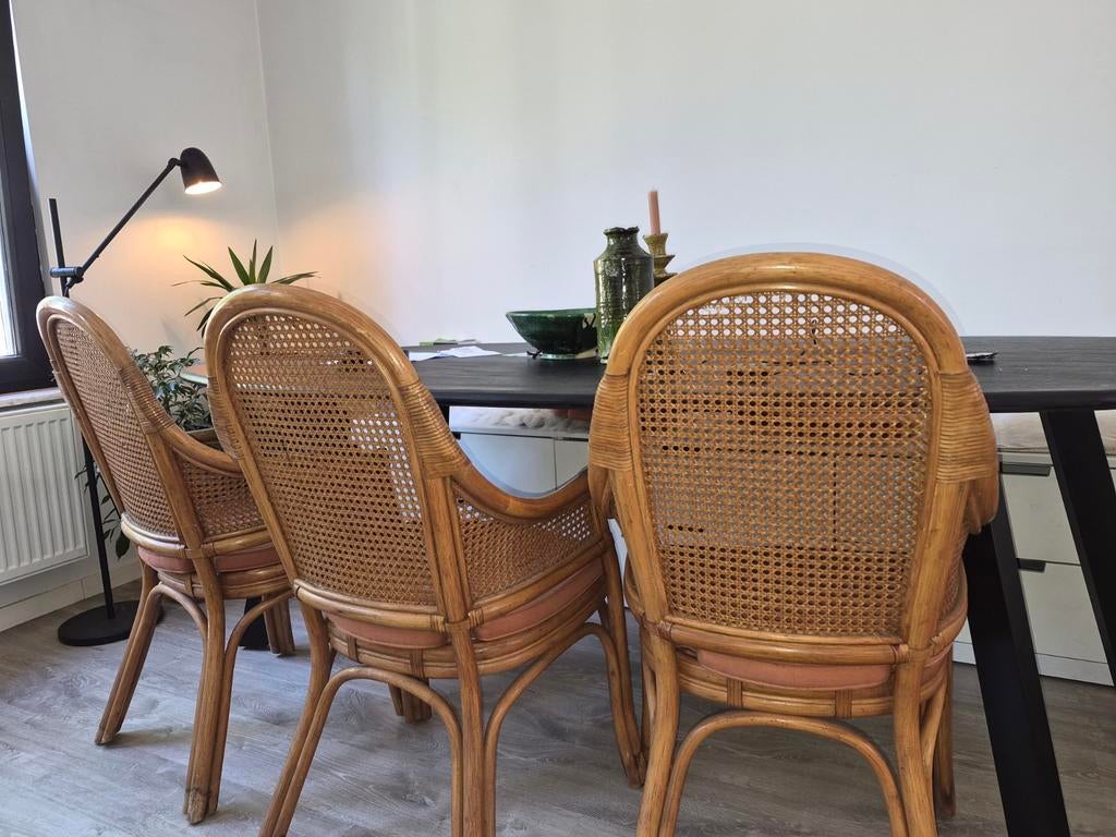 Set van 4 Vintage Manou Rotan Eetkamerstoelen – Jaren '80 –, Ophalen, Rotan