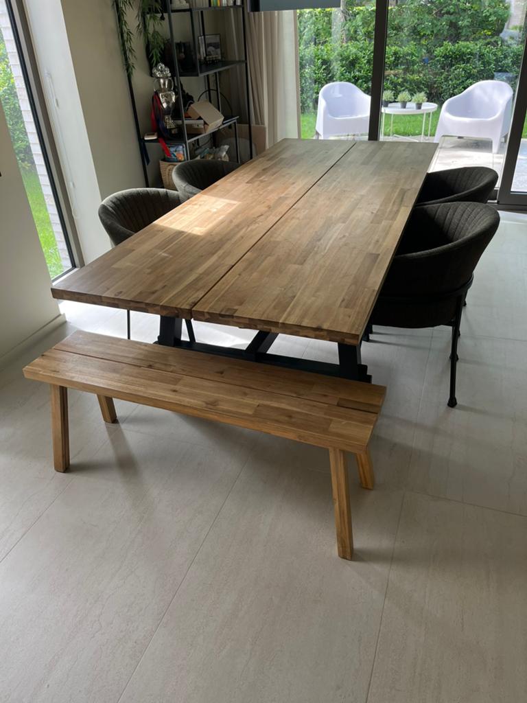 Eettafel SKOGSTA inclusief eetkamerstoelen en bankje, Ophalen, Gebruikt, 6 tot 8 stoelen