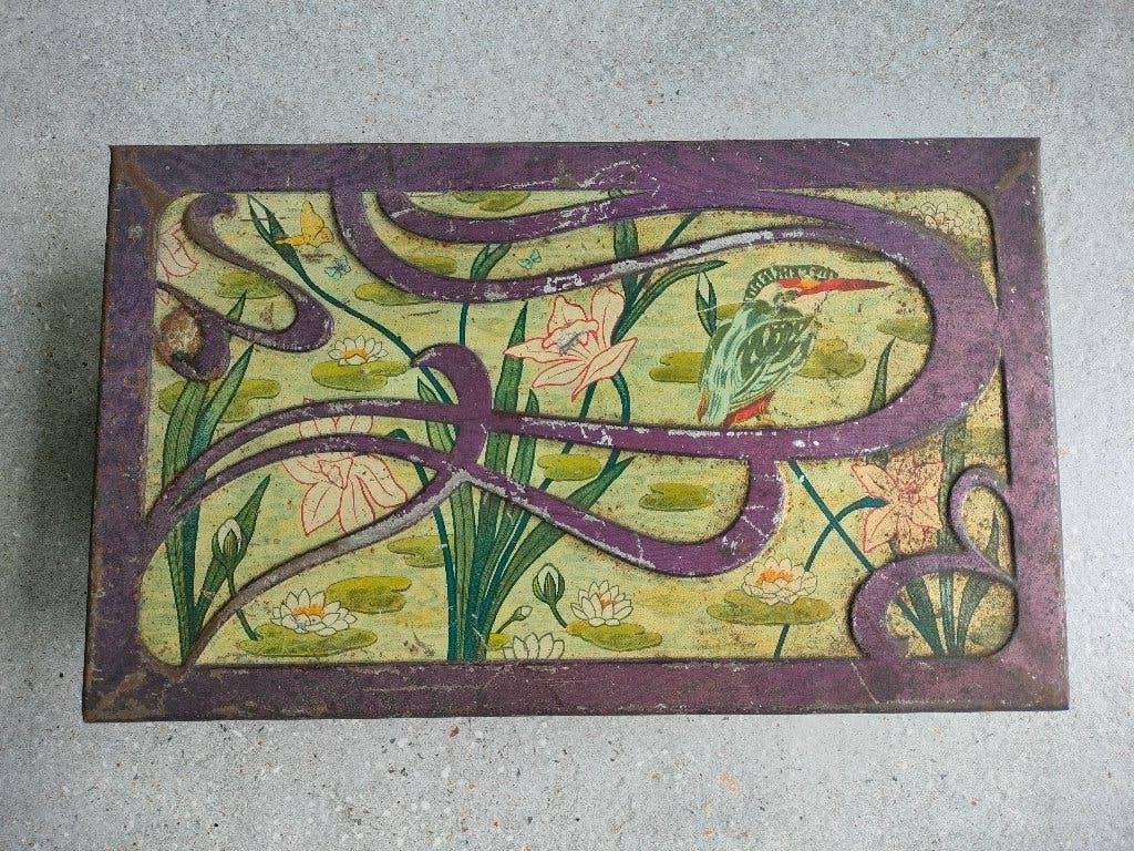 Antiek Art Nouveau / Jugendstil Blik, ijsvogel & waterlelies, Verzamelen, Ophalen of Verzenden, Gebruikt
