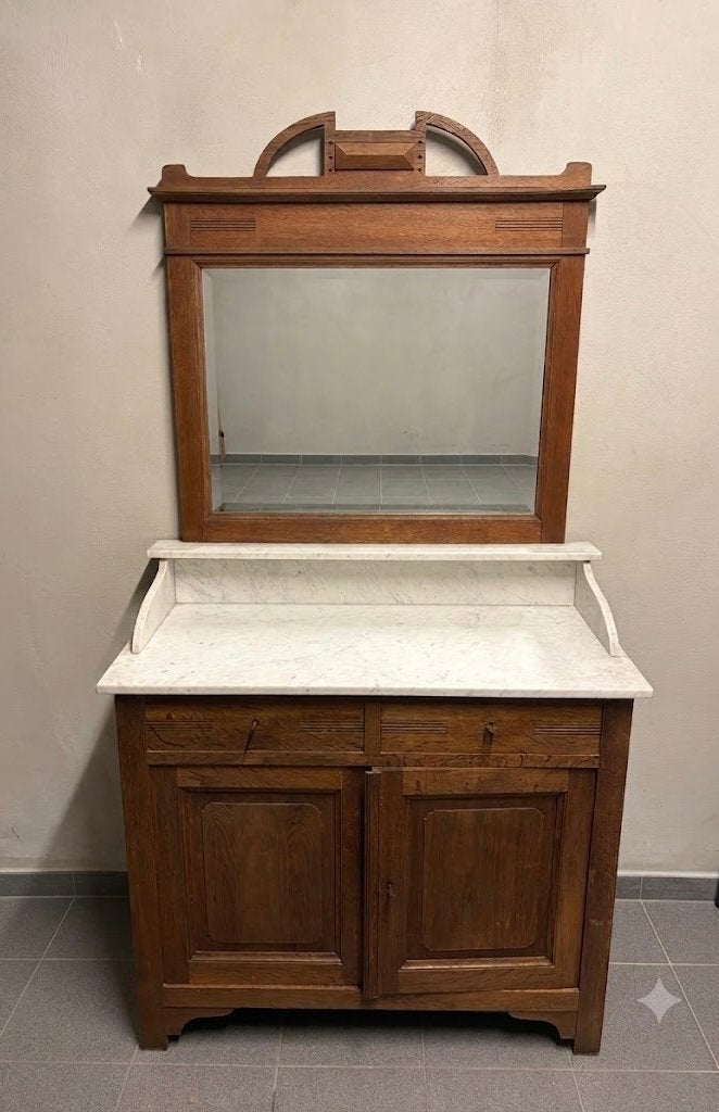 Meuble vasque ancien art déco avec dessus en marbre blanc, Antiquités & Art, Enlèvement