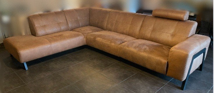 hoeksalon met relax en hoofdsteun- daim - kleur cognac, 150 cm ou plus, Quatre personnes ou plus, Comme neuf, Enlèvement