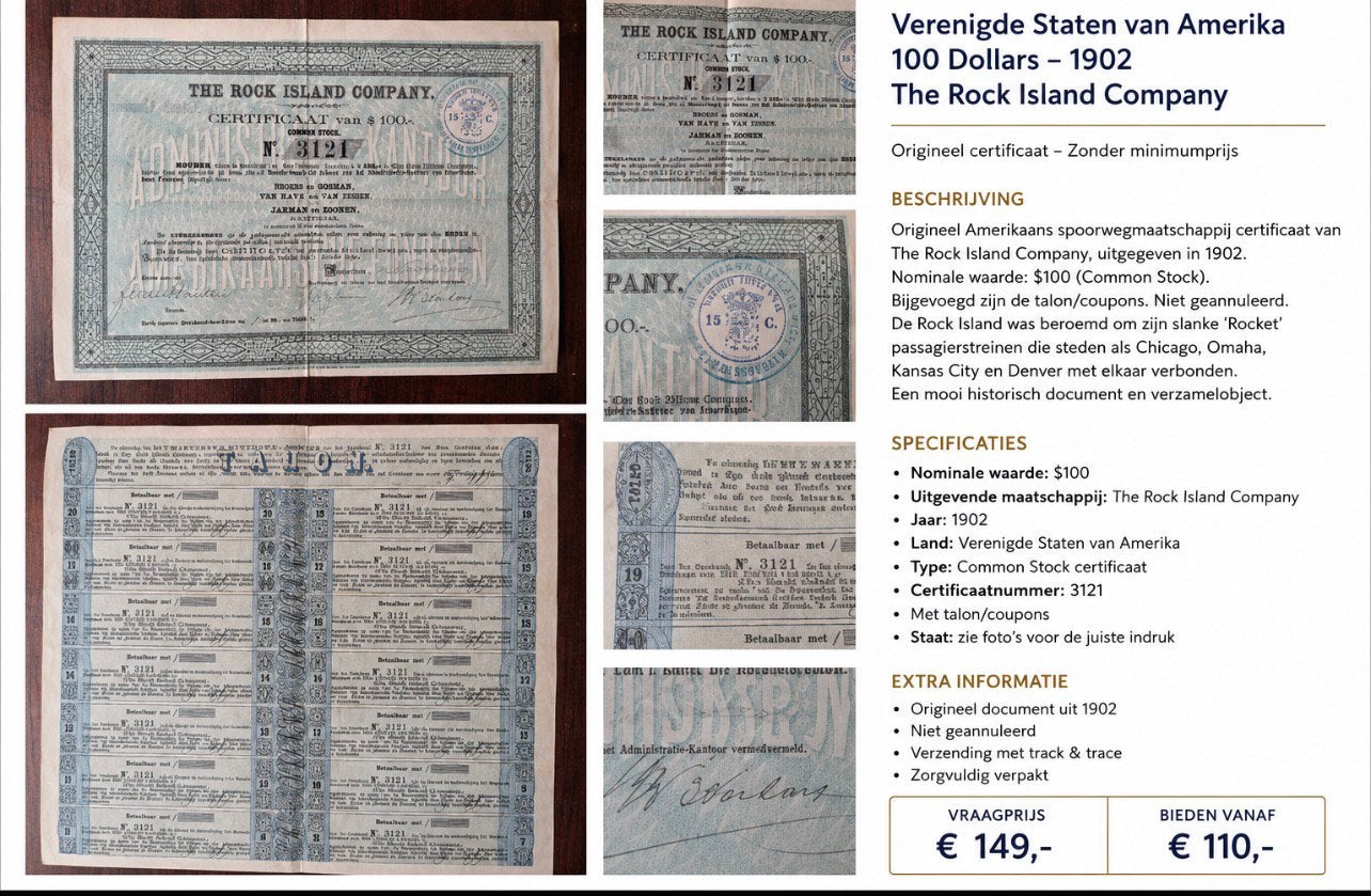 Origineel 1902 Rock Island Company $100 Aandeelcertificaat, Verzamelen, Foto's en Prenten, Ophalen, Zo goed als nieuw, Foto