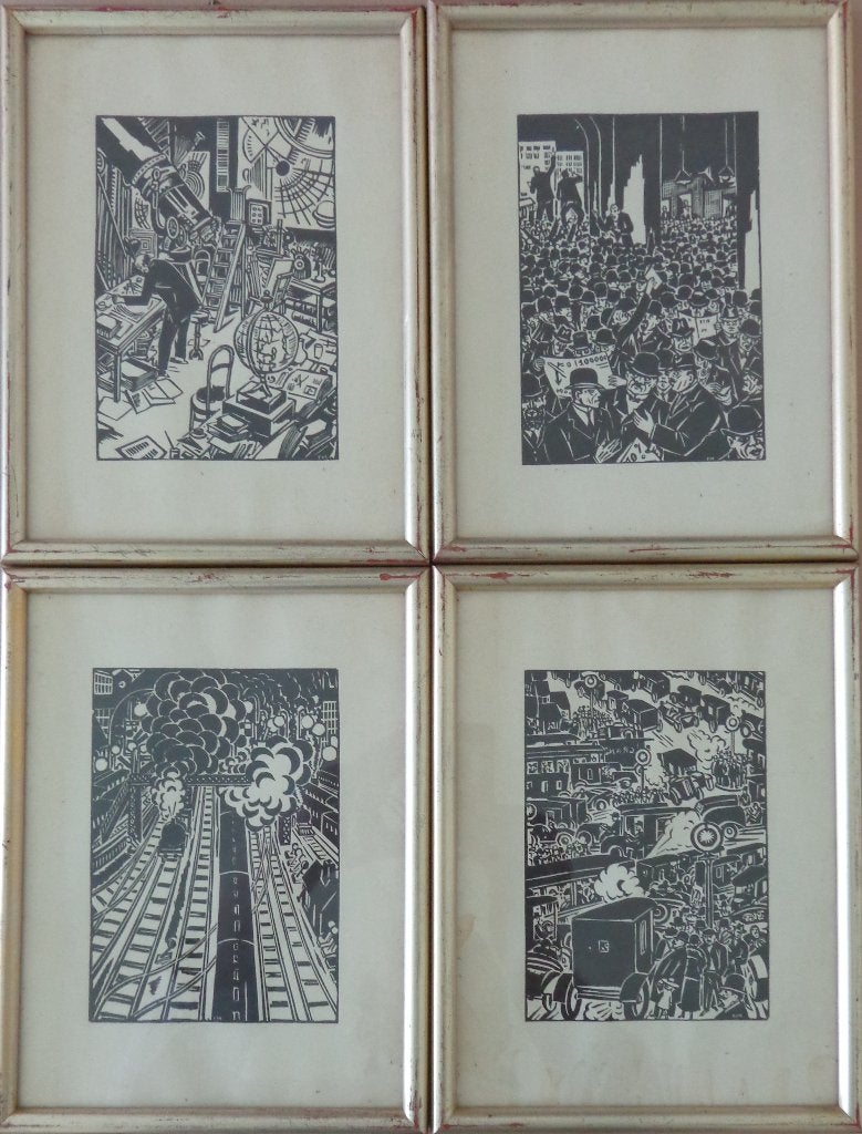 FRANS MASEREEL / 4 STUKS / STAD / HOUTSNEDE / 26x19cm KADER, Antiquités & Art, Art | Lithographies & Sérigraphies, Signé, Enlèvement ou Envoi
