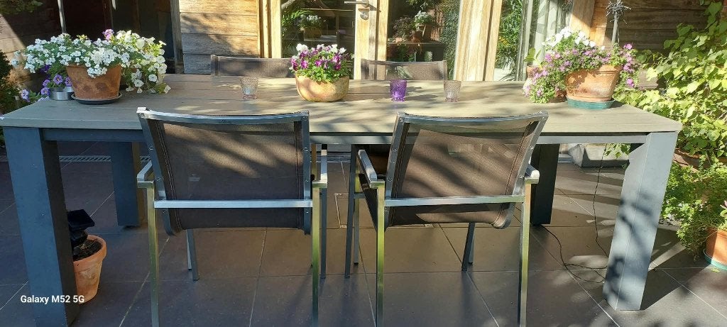Moderne tuinset Fiore Design (tafel + 8 stoelen), Tuin en Terras, Ophalen, Gebruikt, Aluminium, 8 zitplaatsen