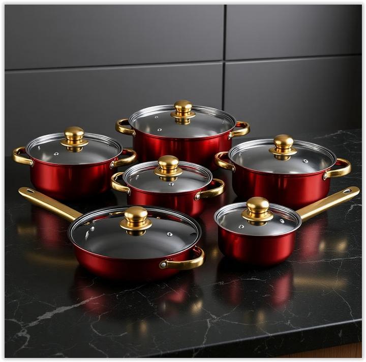 12-delige roestvrijstalen kookset met gouden handgr, Neuf, Inox, Enlèvement ou Envoi, Poêle à frire ou Sauteuse