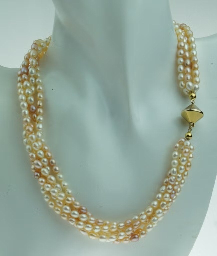 Parel 5-strengs fraaie ketting bicolor 14k slot goud dames, Bijoux, Sacs & Beauté, Enlèvement ou Envoi, Or, Comme neuf, Or