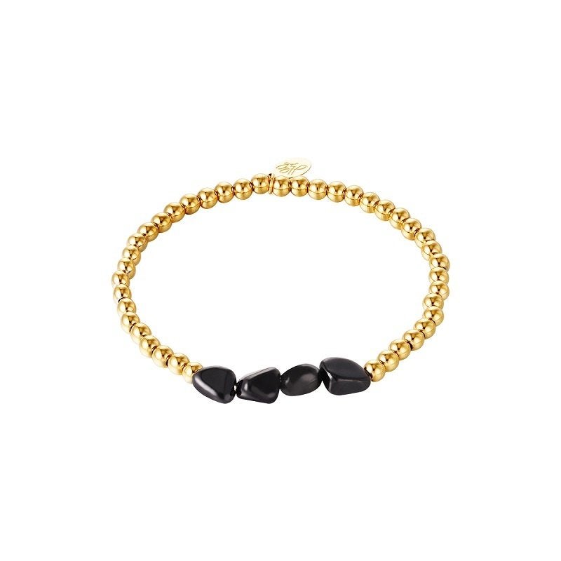 Zwarte rotsen geelgoud verguld stalen kralenarmband stretch, Ophalen of Verzenden, Nieuw, Goud, Staal