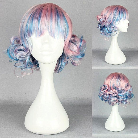 Carnaval pruik kort haar met krulletjes roze blauw, Ophalen of Verzenden, Nieuw